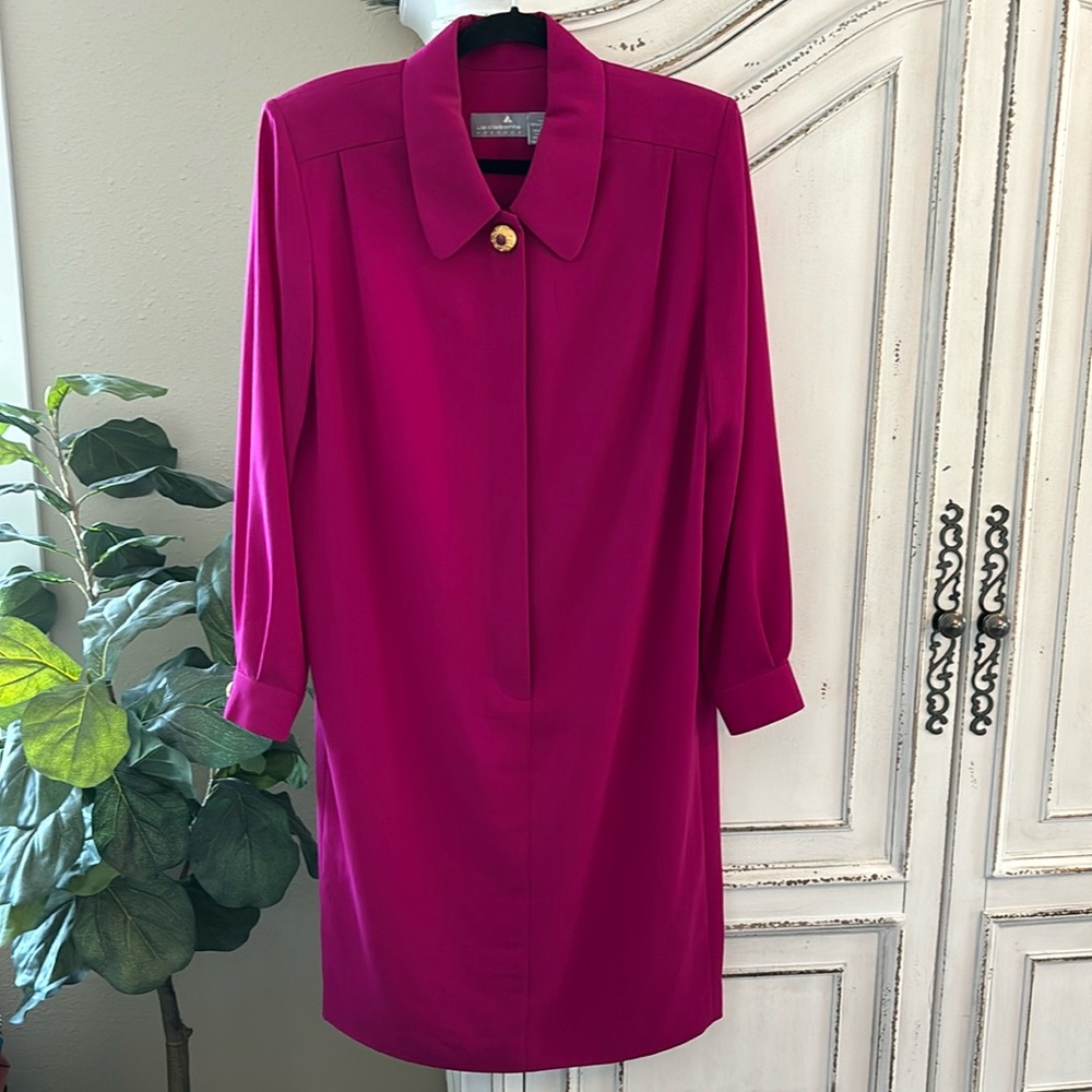 GORGEOUS VTG LIZ CLAIBORNE Pink Fuchsia Button-up Dress Shoulder Pads SZ 12